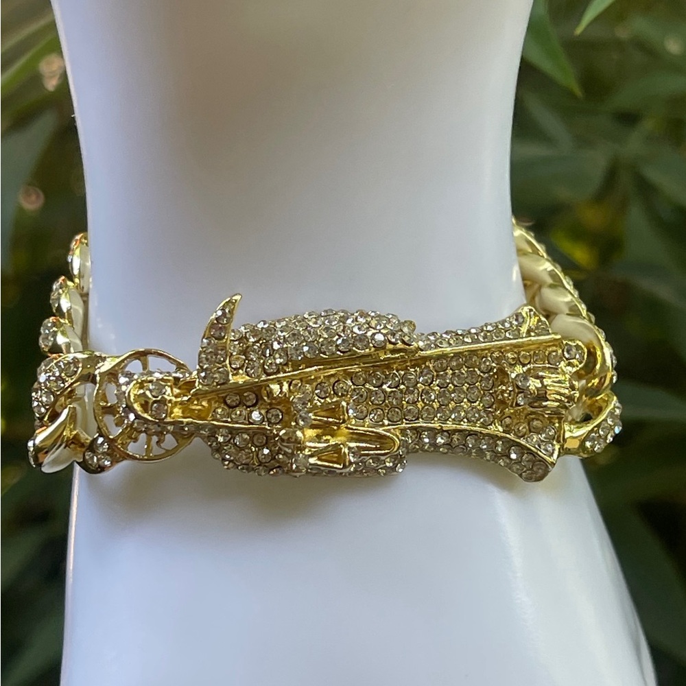 Grim Reaper Bracelet Full of Stones Luxurious GOLD PLATED/pulsera Santa Muerte - Picture 1 of 10